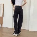 2023春季新款韩版ins复古宽松高腰直筒牛仔裤女百搭显瘦拖地长裤