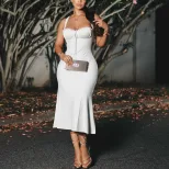 Elegant Womens Fishtail Dress Sleeveless Slim Fit Off Shoulder Solid Color Perfect for Parties a