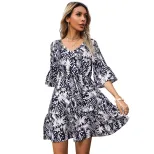 Tropical Print Short Sleeve Dress for Women Summer Vacation Style Available in Red and Blue Wholesale Supply
