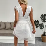 Summer Vacation Dress Fresh White V Neck Mini Dress with Shoulder Straps Lightweight Fabric for