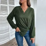 Womens Green V Neck Top Autumn Style Split Design Casual Wear Wholesale Available factory direct