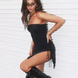 Womens Bodycon Ruched Dress Strapless High Waist Side Slit Spring Summer Fashion Wholesale Avail