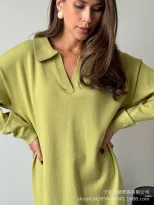 Long Sweater Dress Soft Fabric Scissor Collar Loose Fit Elegant Style Autumn Winter Fashion Whol