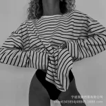 Womens Striped Loose Fit Cotton T Shirt Casual Long Sleeve Round Neck Side Slit Spring Summer Fa
