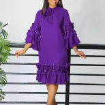 Elegant Layered Ruffle Bell Sleeve Dress Fashionable Loose Fit Tie Detail Perfect for Casual or