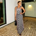 Zebra Print Maxi Dress V Neck Hollow Out Waist Cinching Elegant Casual Wear for Summer Wholesale
