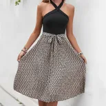 Sleeveless Color Block Halter Dress Crossed Neckline Elegant Design Perfect for Summer Events Wh