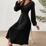 French Style V Neck Midi Dress Elegant A Line Silhouette High Waist Autumn Winter Fashion Wholes