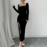Velvet Maxi Dress High Waist Sexy Split Long Sleeve Square Neck Spring Summer Fashion Wholesale