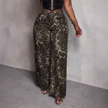 High Waisted Wide Leg Jeans Leopard Print Straight Cut Casual Style Wholesale Availability low M