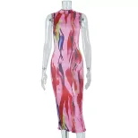Sleeveless High Neck Bodycon Dress Fashionable Floral Print Mid Length Slim Fit Summer Casual We