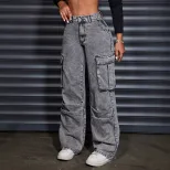 Womens High Waisted Denim Trousers Pocket Design Trendy Street Style Casual Wear Wholesale Avail