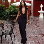 Sleek Backless Bodycon Dress Solid Color Ruffled Design Halter Neck Trendy Street Style for Part
