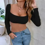 Y2K Style Womens Cropped Knit Long Sleeve T Shirt Trendy Wrap Design Midriff Baring Soft Fabric