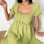 Elegant Summer Dress Sexy Square Neck Puff Sleeves Fitted Waist Perfect for Parties and Casual O