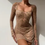 Elegant Square Neck Long Sleeve Dress with Rhinestones High Waist Chic Style Perfect for Parties