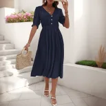 Casual Puff Sleeve V Neck Dress Simple Design Wrinkled Fabric Solid Color Perfect for Office Wea