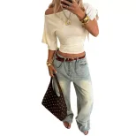 Summer Womens Off Shoulder Top Textured Fabric Flared Sleeves Slim Fit Casual Wear for Everyday