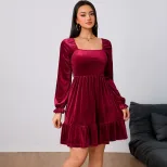 French Style Velvet Midi Dress Elegant Burgundy Color Spring Summer Collection Wholesale Availab