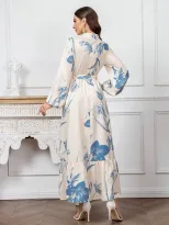 Modelyn Women s Floral Print Stand Collar Lantern Sleeve Ruf