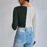 Color Blocked Waffle Knit Long Sleeve T Shirt Exposed Stitching Short Length Versatile Style Aut