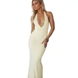 Sexy Vacation Maxi Dress Deep V Neck Halter Backless High Waist Spring Summer Collection Wholesa