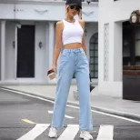 High Waisted Straight Leg Casual Denim Pants Versatile Fit Comfortable Fabric Trendy Style Whole