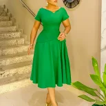 Summer A Line Dress Solid Color V Neck Short Sleeve Flowy Design Casual Wear for Women Wholesale