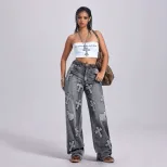 Vintage Embroidered Cross Denim Jeans Womens Straight Leg Retro Style Casual Wear Wholesale Avai