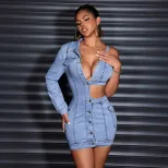 Off Shoulder Denim Bodycon Dress Single Sleeve Lapel Collar Stretch Fabric Casual Wear for Parti