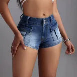 Fashionable Womens Denim Shorts High Waist Large Pockets Stretchy Fabric Casual Summer Wear Whol