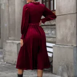 Red Velvet Long Sleeve Dress Elegant Design Autumn Winter Fashion Perfect for Parties and Events