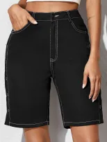High Waisted Denim Shorts Button Detail Straight Cut Fashionable Spring Summer Casual Wear Whole