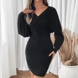 Casual Batwing Sleeve Sweater Dress V Neck Bodycon Fit Black Color Perfect for Everyday Wear Who