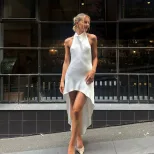 Spring Womens Dress Elegant Satin Fabric Sleeveless High Low Hem Backless Design Perfect for Par