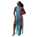 Womens Sheer Mesh Tank Top Halter Neckline Fringe Detail Summer Fashion