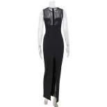 Elegant Sleeveless Bodycon Dress Sheer Mesh Panel Figure Hugging Fit Sophisticated Style Perfect