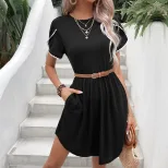 Womens Black T Shirt Dress Sweet and Simple Design Round Neck Lace Trim Short Sleeves Casual Wea