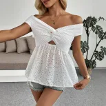 French Style Casual Twist Knot Hollow Out Top Waist Defined Off Shoulder Lightweight Fabric Perf
