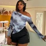Tie Dye Off Shoulder Long Sleeve T Shirt Irregular Print Trendy Design Casual Style Wholesale Av