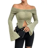 Off Shoulder Knit Top Long Sleeve Bell Sleeve Split Design Fall Winter Fashion for Women Wholesa
