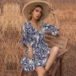 Tropical Print Short Sleeve Dress for Women Summer Vacation Style Available in Red and Blue Wholesale Supply