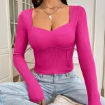 Womens Slim Fit Long Sleeve T Shirt Fashionable Versatile Short Length Barbie Pink Spring Summer