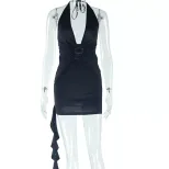 Elegant Deep V Neck Halter Dress Solid Color Backless Bodycon Fit Perfect for Parties and Specia