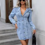 Womens Denim Dress Slim Fit Long Sleeve Lapel Collar Casual Wear Spring Fall Wholesale Available
