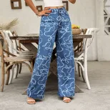 Casual Wide Leg Printed Denim Pants Fashionable Versatile Relaxed Fit Ideal for Everyday Wear Wh