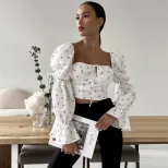Womens Floral Crop Top Fresh Sweet French Style Puff Sleeves Square Neck Tie Detail Perfect for