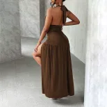 Summer Womens Maxi Dress Sexy Split Hem V Neck Waist Defining Elegant Evening Wear Wholesale Ava