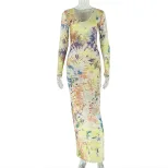 Vintage Floral Bodycon Dress for Women Long Sleeve Round Neck Slim Fit Versatile Style Perfect f