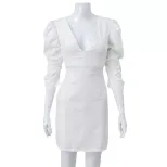 French Vintage Style White Deep V High Waist Backless Dress with Puff Sleeves Elegant Office Wea